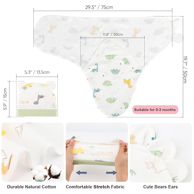 DRESHOW BQUBO 3 Pack Baby Swaddle Sleep Sacks Baby Swaddling Blanket Wrap Newborn Swaddle Sack with Bear Ears Hat for Boys Girls 6-12 Lbs Newborns & 0-3 Months Girls Boys