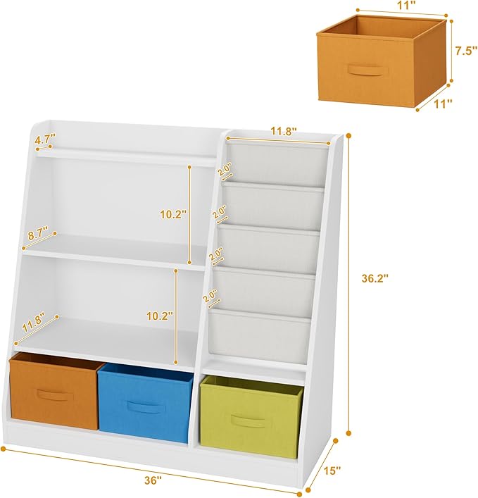 HedoAjim Kids Bookshelf Wood Montessori Toy Storage Organizer Cabinet Shelf Child Bookcase Toddler Baby Sling Book Rack 3 Cube Bin Fabric Drawers for Playroom Bedroom Nursery School