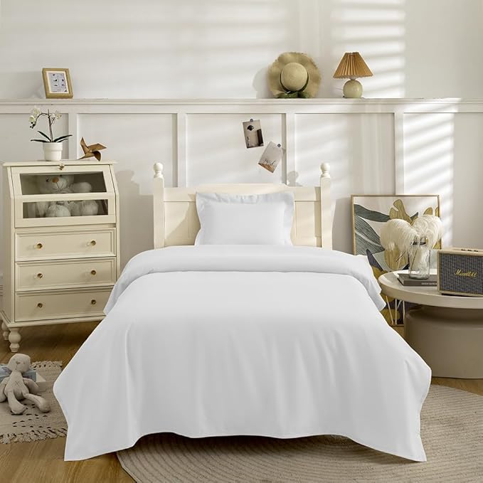 3 Piece Toddler Sheet Set,White Basics Bed Sheet Set for Toddler,Microfiber 3-Piece Soft Breathable Crib Bedding Set for Kids,Includes Flat Sheet,Fitted Sheet,Pillowcase