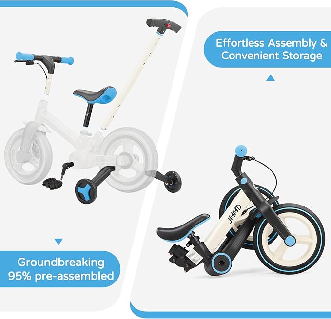 JMMD 6 in 1 Toddler Bike with Push Handle for Kids 18-60 Months, 12" Foldable Balance Bike with Training Wheels, Pedals, Brakes, Kickstand, Push Tricycle Toddler Gift & Toys for Boy & Girl