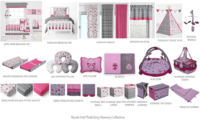 Bacati Owls Girls Cotton 4 Pc Toddler Bedding Set, Pink/Grey