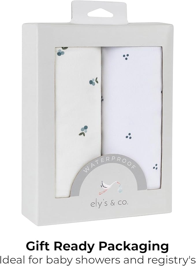 Ely's & Co. Patent Pending Waterproof Pack and Play Sheets, 100% Cotton with Waterproof Lining – 2 Pack Fitted Mini Crib Sheet Set, Berry and Cluster Dot (Blue) 38” x 24”