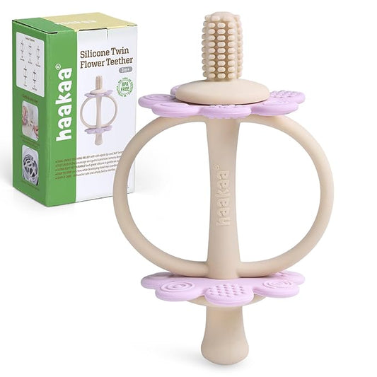haakaa Silicone Twin Flower Teether,Nipple-Shaped End for Gum Massage,360° Baby Toothbrush Head for Self-Brushing Training,Easy to Grip - Lavender