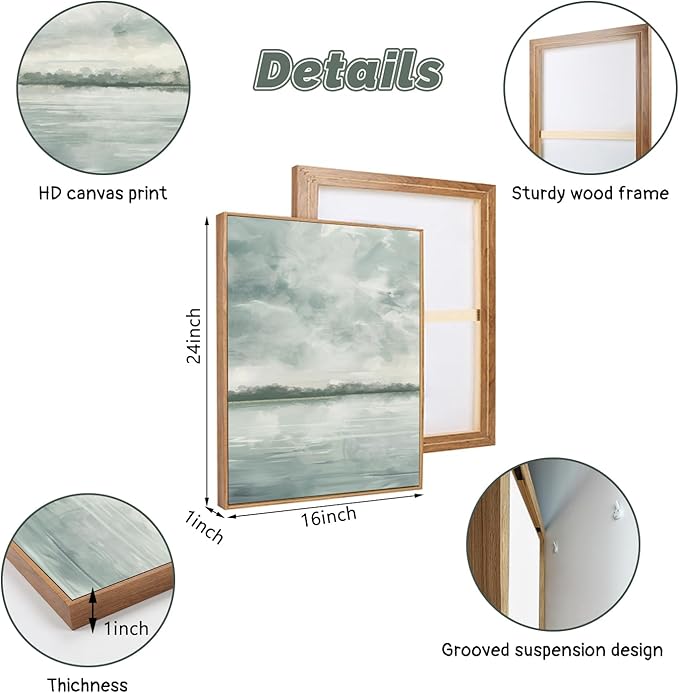 CHDITB Watercolor Sky Cloud Framed Canvas Wall Art Set, Pastel Shapes Illustrations Cloudy Wall Decor, Neutral Minimal Wall Painting, Blue Gray Ocean Art Prints For Living Room Bedroom Office Decor 16"x24"x3