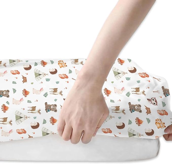 Camping Animals Baby Crib Sheets for Boy Girl 52x28In Bear Deer Raccoon Squirrel Bunny Hedgehog Owl Soft Snug Fitted Crib Mattress Cover Baby Sheet for Standard Crib & Toddler Mattress 2 Pack