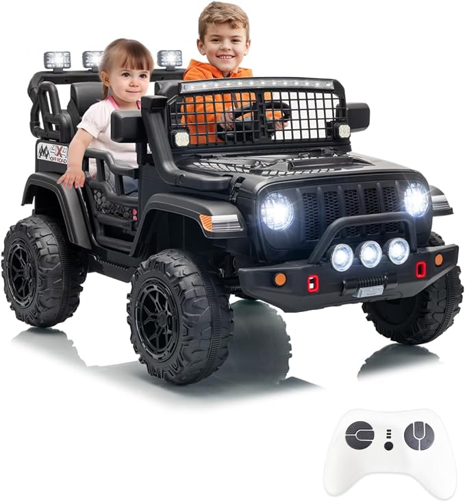 2 Seats 24V Kids Electric Ride on Car with Remote Control, 20" Large Seat with 2 Safety Belts, Two 200W Battery Powered Electric Vehicle for 3+ Years, LED Light,Music,Horn,USB Port, Riding Toy,Black