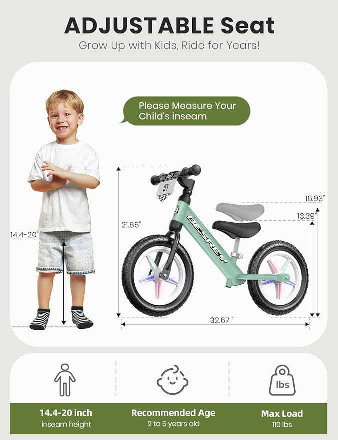besrey Toddler Balance Bike 2 Year Old: All-Metal Frame & 12" Self-Lighting Wheels, Kids Bike with Adjustable Seat, Custom Plate w/Bonus 4 Sets of Stickers, Gift Bike for Boys Girls 2 3 4 5 Years Old