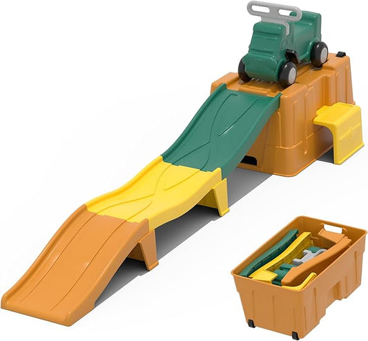 Up & Down Roller Coaster，Kids Ride On Toy，Toddler Push Car with Assembled Race Track & Storage Base Box, Indoor Outdoor Playset