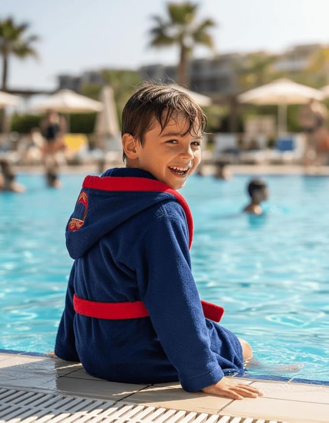 BAGNO MILANO Kids Organic Turkish Cotton Hooded Beach Cover-Up Towel, GOTS Certified, for Boys and Girls (Driver Navy, 5-6 Years)