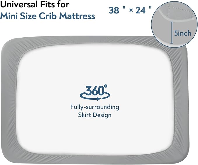 Mini Crib Mattress Protector 2 Pack, Waterproof Mini Crib Mattress Pad Cover Fitted, 38" x 24" Baby Mini Crib Sheets for Boys and Girls, Breathable & Quilted, Grey