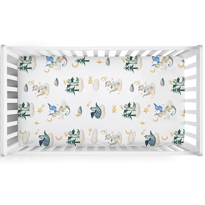 Cartoon Fairy Tale Dragon Moon Stars Clouds Trees Baby Crib Sheets 52''x28'' Watercolor Dragons Stretchy Fitted Crib Mattress Cover for Boy Girl Soft Bed Sheet for Standard Crib Toddler Mattress