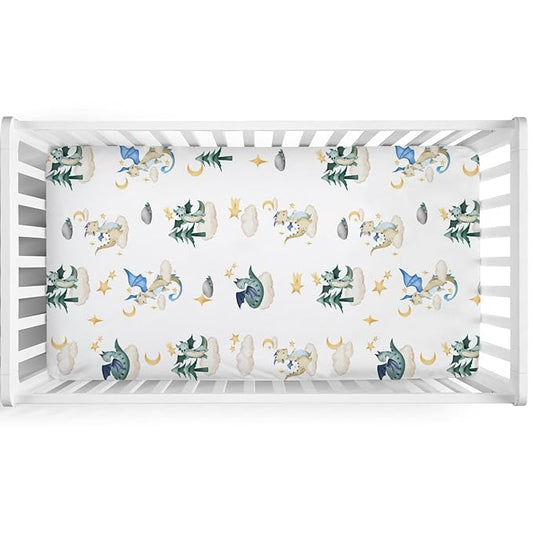 Cartoon Fairy Tale Dragon Moon Stars Clouds Trees Baby Crib Sheets 52''x28'' Watercolor Dragons Stretchy Fitted Crib Mattress Cover for Boy Girl Soft Bed Sheet for Standard Crib Toddler Mattress