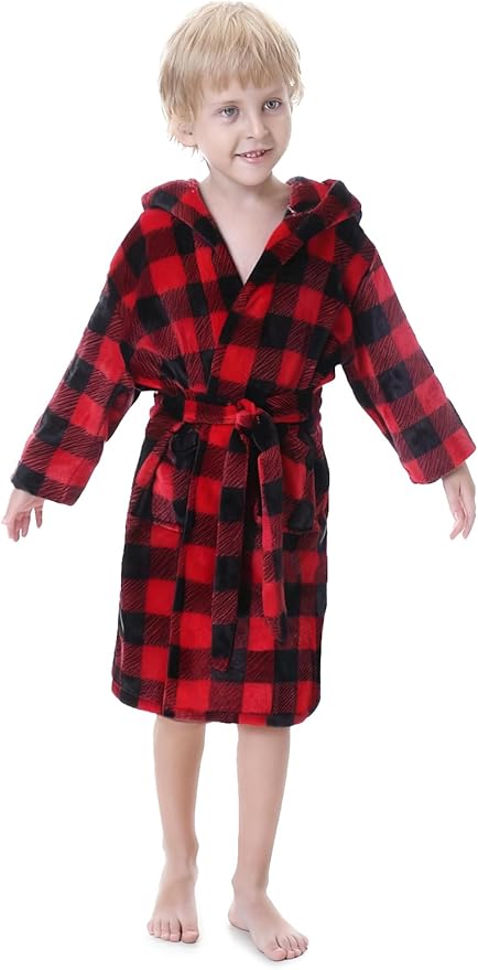 Umeyda Boys Girls Robes, Soft Fuzzy Fleece Hooded Bathrobes with Belt and Pockets for Kids, 1-18 Year