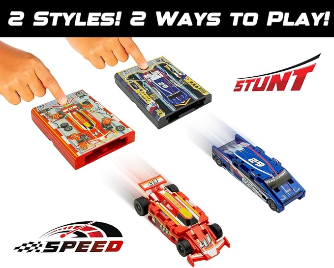 FLAT 2 FAST Original Stunt Card Racer – Flat Car Racer and Pocket Size Racecar Launcher with Built-in Button for Stunt Launching and Racing – Compact – Sky Blue