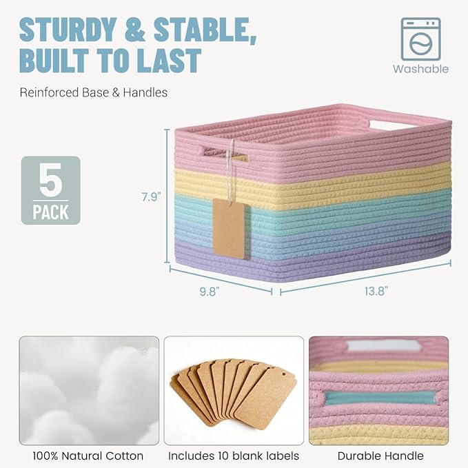 Yilobi 5 Pack Rainbow Woven Storage Baskets for Shelves, Decorative Toy Baskets Organizer for Kids Room, Nursery, Playroom, Classroom – Colorful Cotton Rope Toy Storage Bins for Organizing & Decor