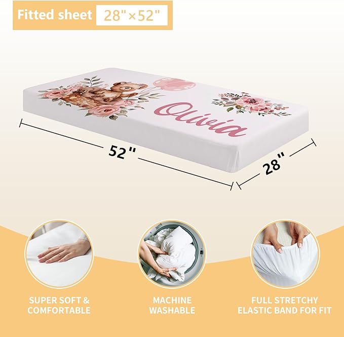 Personalized Baby Crib Bedding Set, 3 Pcs Custom Nursery Bedding Set with Name, Soft Double Layer Baby Crib Set for Girls Boys, Customized for Toddlers Infants, Pink Bear