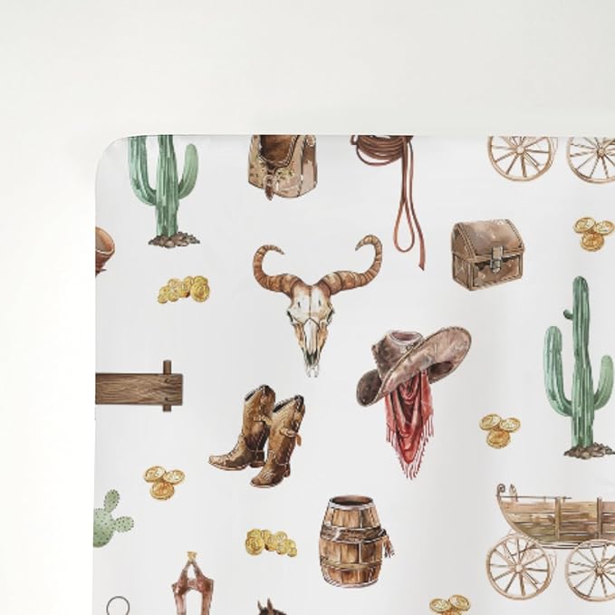 Western Cowboy Baby Crib Sheets for Boy 52"x28" Cowboys Horse Boots Hats Golds Cactus Soft Snug Fitted Crib Mattress Cover Wild West Cowboy Life Baby Sheet for Standard Crib & Toddler Bed Mattress
