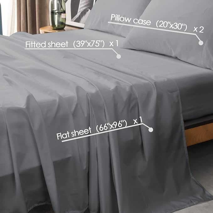 Twin Grey Sheet Set, 4 Piece Microfiber Bed Sheets，Soft Flat Bed Sheets Cover, Hotel Luxury 1800 High Thread Count Comfy Sheets, 21" Deep Pocket Fitted Sheets, Wrinkle Free