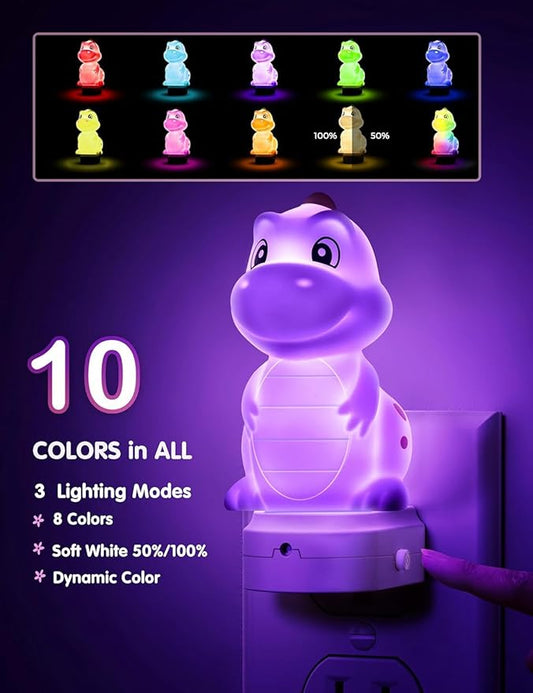 L LOHAS LED Plug in Night Light for Kids,2-Pack 3D Cute Dinosaur Night Lights with Dusk to Dawn Sensor, RGB+Soft White 3000K Dinosaur Night Light,Christmas Birthday Gift Nightlight for Kids,Room Decor