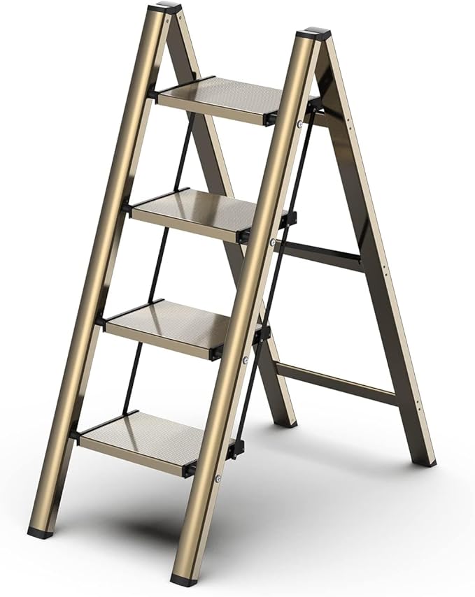 GameGem 4 Step Ladder, Folding Step Stool with Wider Pedal, Anti-Slip Feet & Non Slip Stripes, Aluminum Sturdy Material, 300Lbs Capacity, Elegant Look of Champagne Gold Better Matches Your Home