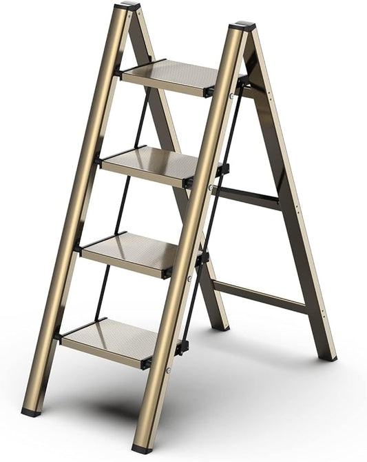 GameGem 4 Step Ladder, Folding Step Stool with Wider Pedal, Anti-Slip Feet & Non Slip Stripes, Aluminum Sturdy Material, 300Lbs Capacity, Elegant Look of Champagne Gold Better Matches Your Home