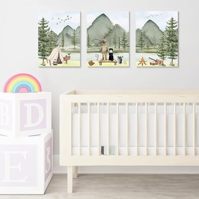 Fishing Nursery Wall Art, Boys With Dog Fishing Wall Decor, Woodland Camping Nursery Decor, Mountain Forest Wall Art, Outdoor Adventure Nature Print for Boy Room Decor, Framed Set of 3, 16"x24"x3