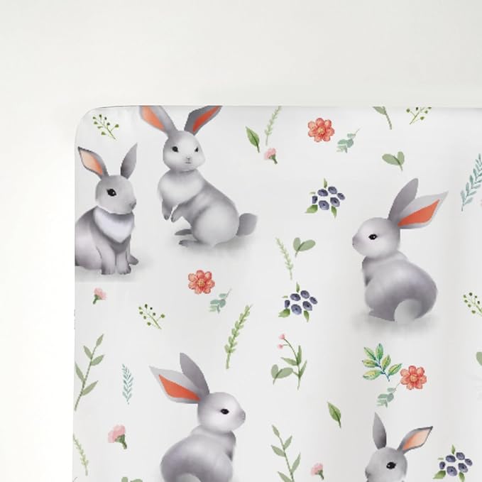 Easter Spring Bunny Flowers Baby Crib Sheets for Boy Girl 28"x52" Rabbit Boho Wildflower Soft Snug Fitted Crib Mattress Cover Garden Animal Nursery Baby Sheet for Standard Crib and Toddler Mattress