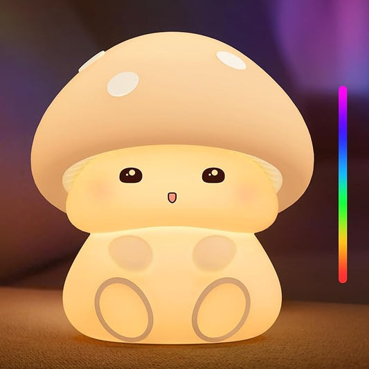 ICARER FAMILY Mushroom Night Light, White Silicone Night Lamp, Touch Control with 30/60 min Dimmble, 3 Brightness Levels, 7 Color Changing, LED Night Lights, USB-C Rechargeable, Gifts for Girls Boys