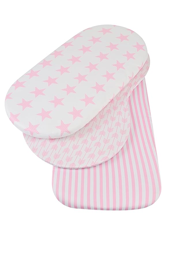 Onacosht Pink Bassinet Fitted Sheets 3 Pack for Baby Girl, Stretchy Soft Knitted Baby Sheet Set Universal for Oval Rectangle and Hourglass Bassinet Mattress, Arrow Star Stripe Printing