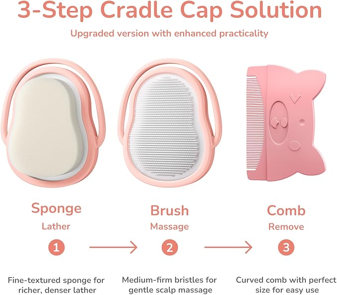 Baby Cradle Cap Brush & Comb Set, 3-in-1 Soft Scalp Brush, Curved Comb & Bath Sponge | BPA-Free Cradle Cap Treatment Kit for Newborns & Infants 0-12 Months, Flakes Removal, Pink
