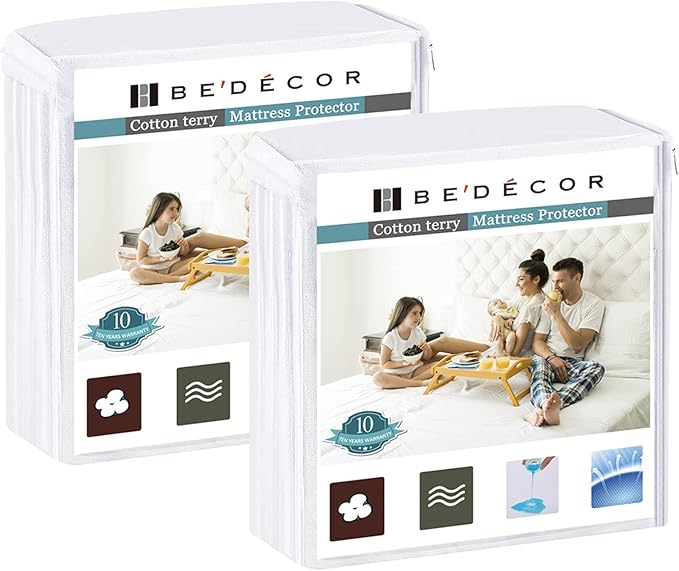 Bedecor 2 Packs Twin Mattress Protector Waterproof Protection Soft Cotton Terry Top Cover,for Babies Pregnant Women Incontinent Persons Deep Pocket to 18"