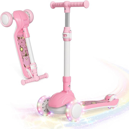 Kick Scooter Kids with LED Lighted Wheels and 3 Adjustable Height, Lean-to-Steer & Widen Anti-Slip Deck, 3 Wheel Scooter for Boys & Girls Up to 110 Lbs