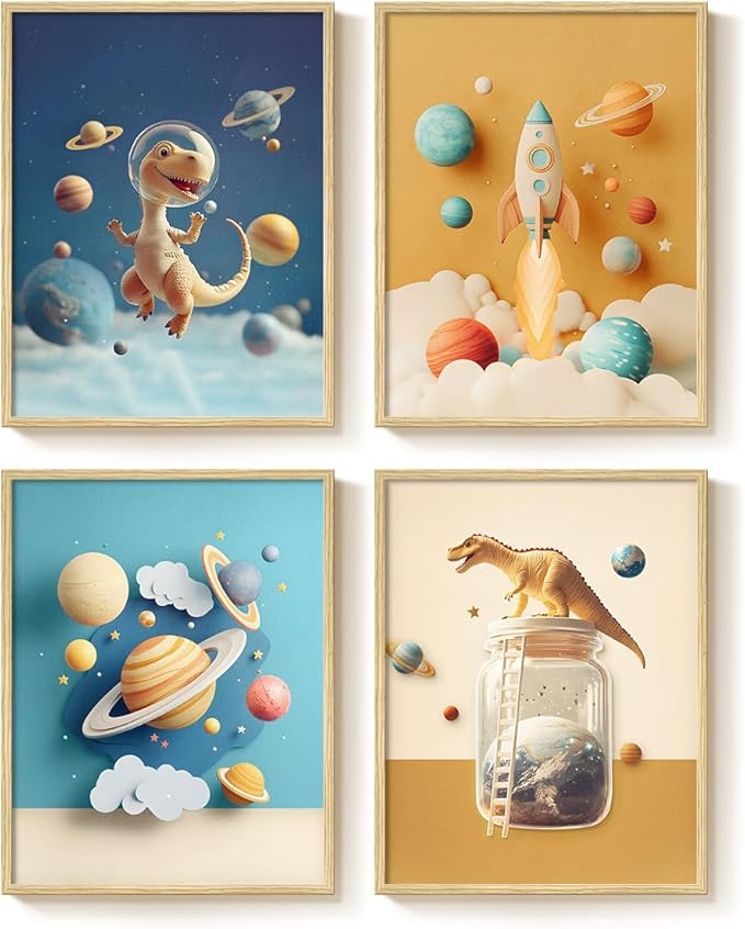 Framed Outer Space Themed Wall Art for Kids Room, 4 Piece Planets Rocket Canvas Wall Art Prints, Modern Space decor for Boys Bedroom, Nursery, Playroom, Bathroom Wall Decor, 11x14 Inch