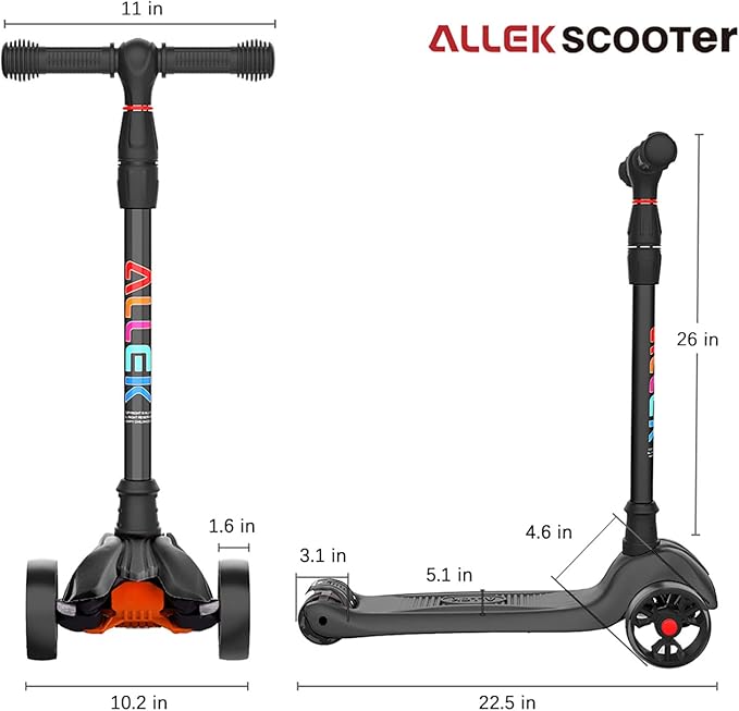 Allek Kick Scooter B02, Lean 'N Glide Scooter with Extra Wide PU Light-Up Wheels and 4 Adjustable Heights for Children from 3-12yrs (Black)