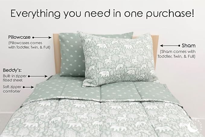 Beddy's Fantasy Woodland Girls Durable Zipper Bedding for Kids, Bed in a Bag, Green Sheets & Comforter with Animal & Woods Design, Includes Pillowcase & Pillow Sham Easy to Make & Wash