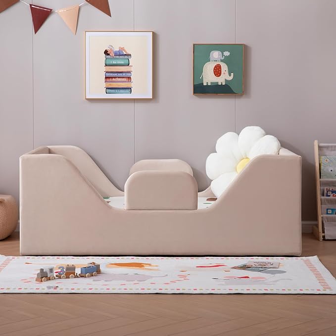 Toddler Floor Bed with Removable Safety Rails and Storage Bag, Kids Bed for Girl and Boys, Standard Crib Size, Safety Upholstered Child Beds, Low to Floor Design