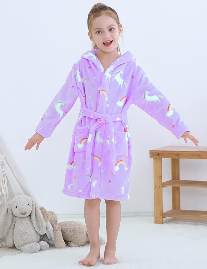 Girls Fleece Hooded Robes, Kids Soft Premium Fuzzy Bathrobe for Gifts, 2-12 Years