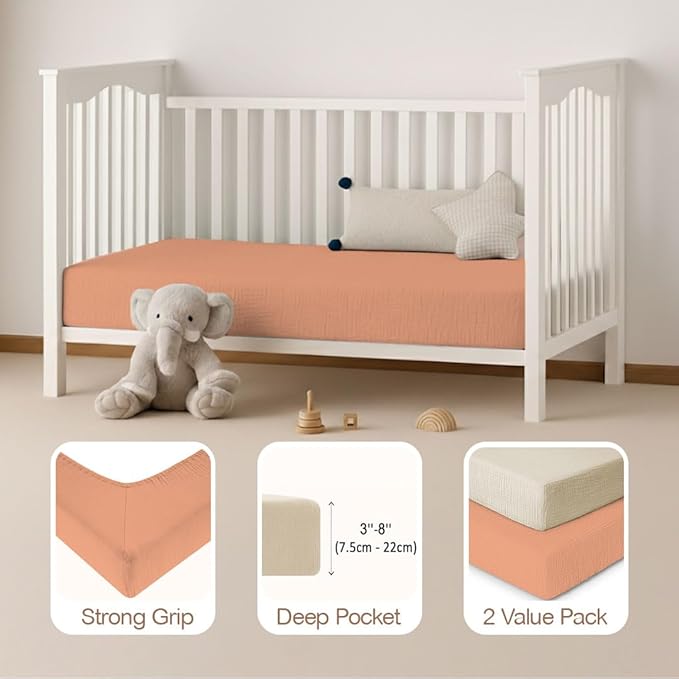 Mère & Moi Muslin Fitted Crib Sheets – 100% Cotton, Ultra-Soft & Breathable Baby Bedding for Standard Crib & Toddler Mattress (28” x 52”) - 2 Pack (Peach and Sand)