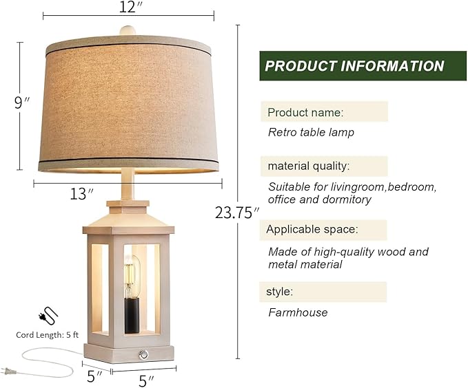 G-SAFAVA 23.75" Retro Farmhouse USB C+A Ports Table Lamp Set of 2 with 3 Way Dimmable Touch Control White Nightlight Vintage Modern Lamp for Living Room Bedroom with 2 Light Sources