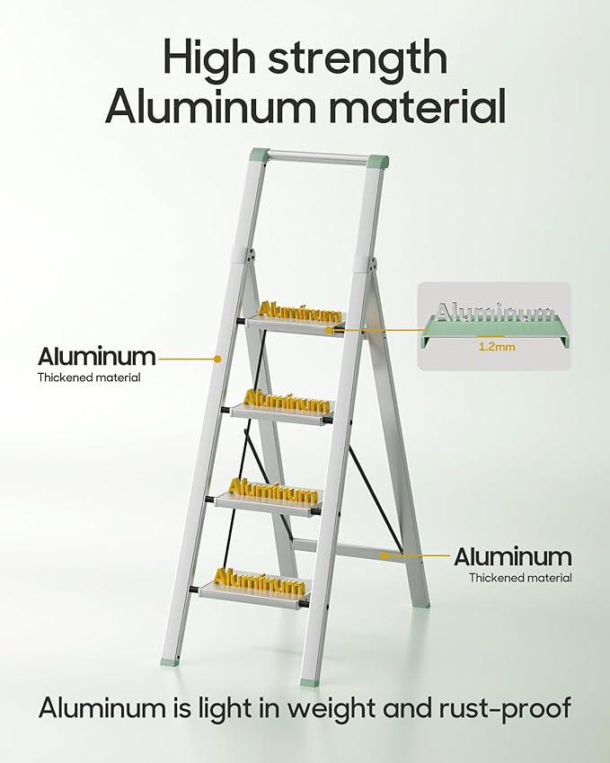 HillhutApex 4 Step Foldable Aluminum Step Ladder with Handgrip, Anti-Slip Pedal, 330 lbs Capacity, Lightweight & Portable for Home, Kitchen, Office, Garage (Pale Green)