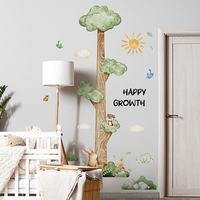 DRWSSR 3D Cartoon Height Growth Chart for Kids Wall Stickers Removable DIY Jungle Animals and Plants Height Sticker Peel and Stick Sun White Clouds Wall Art Decor for Nursery Kids Bedroom Living Room