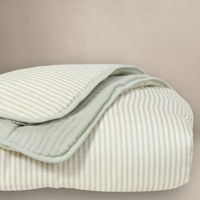 Oilo 100% Organic Premium Cotton Muslin Crib Quilt (45" x 60") Print and Solid Sides, Extra-Soft & Lightweight, Fits Toddler Beds, Heirloom Organic Collection, Sea Moss Sage Green Stripe
