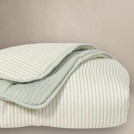 Oilo 100% Organic Premium Cotton Muslin Crib Quilt (45" x 60") Print and Solid Sides, Extra-Soft & Lightweight, Fits Toddler Beds, Heirloom Organic Collection, Sea Moss Sage Green Stripe