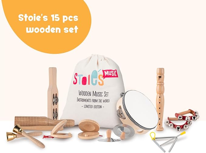 Stoie's Wooden Toddler Musical Instruments with Drum, Flute, Hand Bells, Cymbals, Castanets, Triangle, for Babies and Toddlers, Eco Friendly Montessori Educational Toy