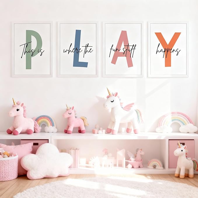 Cute Alphabet Play Framed Wall Art Set of 4, Natural Educational Alphabet Wooden Sign for Baby Girl Kid Boy Toddlers, White Boho Preschool English Letters Nursery Decor for Homeschool Playroom