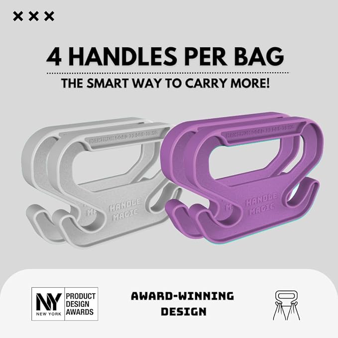 Handle Magic (4 Units) Bag Carriers | Ergonomic Grip and Bag Holder | Pocket Size | Lightweight & Comfortable for Shopping & Travel - Made in USA (White Purple)