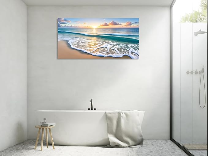 KUNHAAH Wall Art Canvas Painting Sunset Waves on The Beach 1 Piece Colorful Sky and Sparkling Clouds on The Sea Surface Picture Poster Print Framed Ready to Hang for Living Room Bedroom 71x36inch