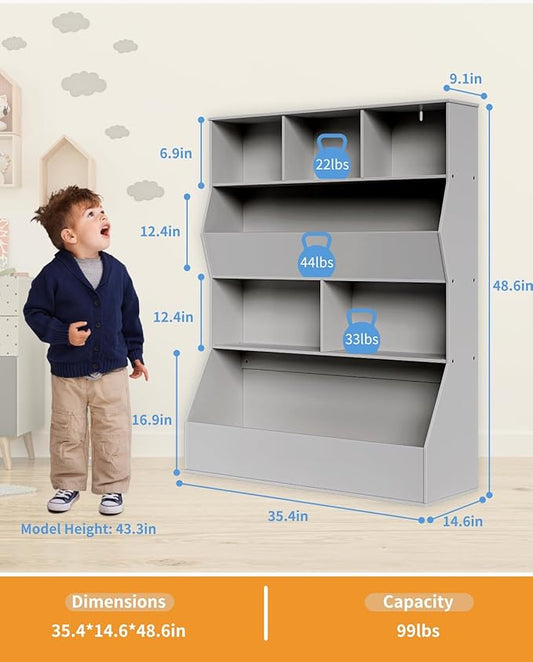 Arlopu Kids Bookshelf & Toy Storage Organizer, 4 Tier Wooden Cabinet with Open Design, Toddler-Friendly Bookcase for Playroom, Nursery, Classroom, Kindergarten (Grey)