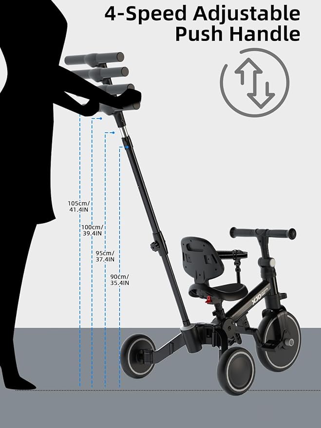 XJD Toddler Bike, 6 in 1 Folding Toddler Tricycle for 1-4 Year Old with Parental Control Handle, Balance Bike with Removable Pedal, Backrest, Adjustable Seat, First Birthday Gifts (Black)