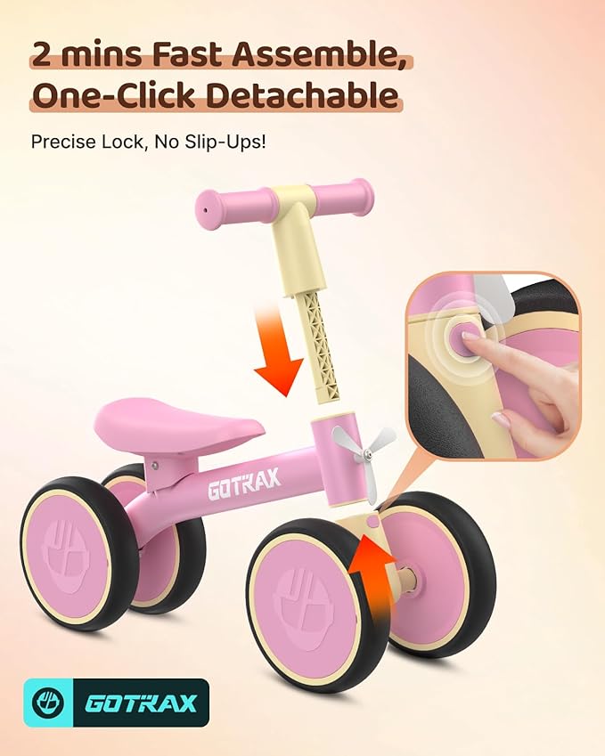 Gotrax Baby Balance Bike 1-2 Years, 7" Front & Rear Silent Wheels, Sturdy Steel Frame 66 lbs Load, Quick 2-Min Assembly, CPC Certified, Comfortable Soft Seat, Toddler Birthday Gift for Boys&Girls Pink